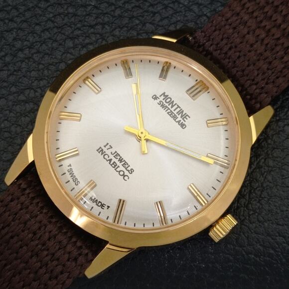 Vintage 1971 Montine Of Switzerland  Manual Mens Gold Watch W/Cloth Strap - Picture 6 of 9